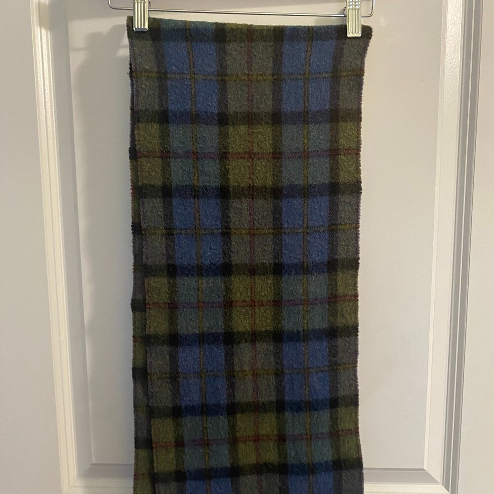 John Hanly Woven in Ireland 100% Lambswool Plaid Scarf Fringe Blue/Green